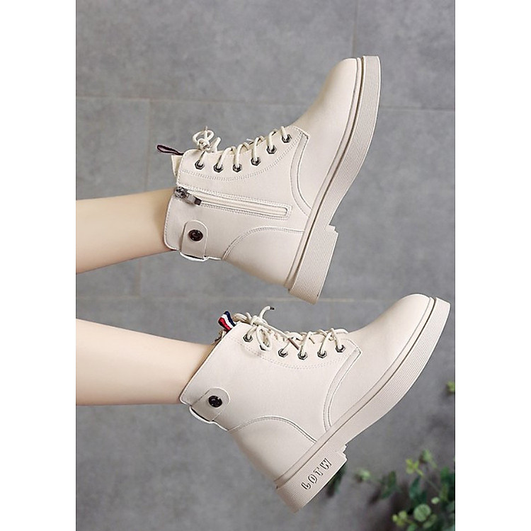 Boot nữ cổ ngắn đế trệt cột dây MÀU KEM xinh xắn GBN3202