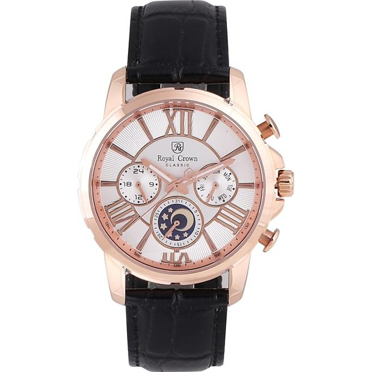 Đồng hồ nam Royal Crown 8425 dây da đen vỏ vàng hồng - hàng chính hãng