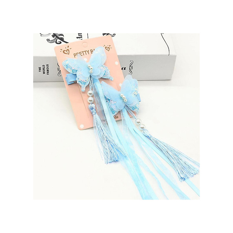 Kẹp tóc bướm hạt trắng gắn tua rua voan lụa Cài tóc cổ trang xinh xắn dễ thương (Chiếc)