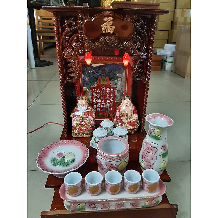 Combo Bàn Thờ Thần Tài Ông Địa gỗ Công Nghiệp nâu xoắn ngang 35 sâu 35 cao 50 Combo 9 Món - Mã SP COMBOCNX1