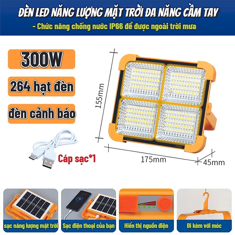 Đèn Năng Lượng Mặt Trời Đa Năng Cầm Tay 300W, Đèn LED Tích Điện Cầm Tay Chống Nước IP66, 5 Chế Sáng, Có Đèn Cảnh Báo