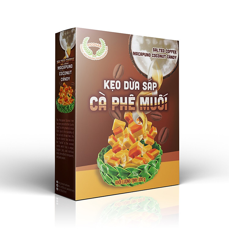 Kẹo dừa sáp VICOSAP vị cà phê muối kẹo mềm dẻo ít đường đặc sản Trà Vinh hộp 100g