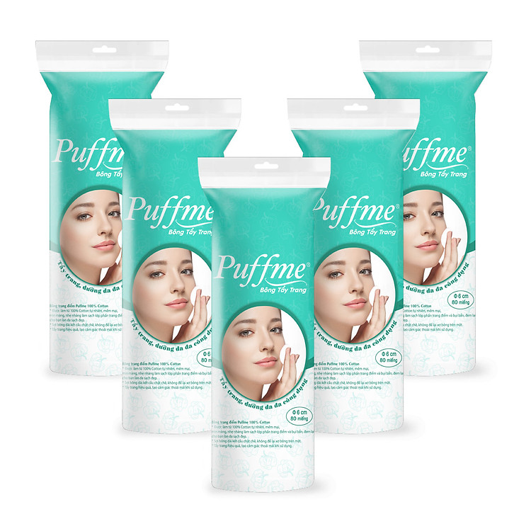 Lốc 5 bao Bông Tẩy Trang Puffme tròn 6cm (80 miếng x 5)