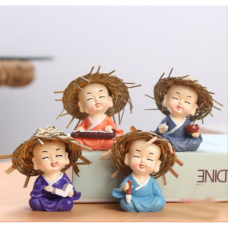Bộ 4 Chú Tiểu Nón Rơm Trang Trí Hồ Cá, Xe Hơi, Bàn Làm Việc - Ảnh 2