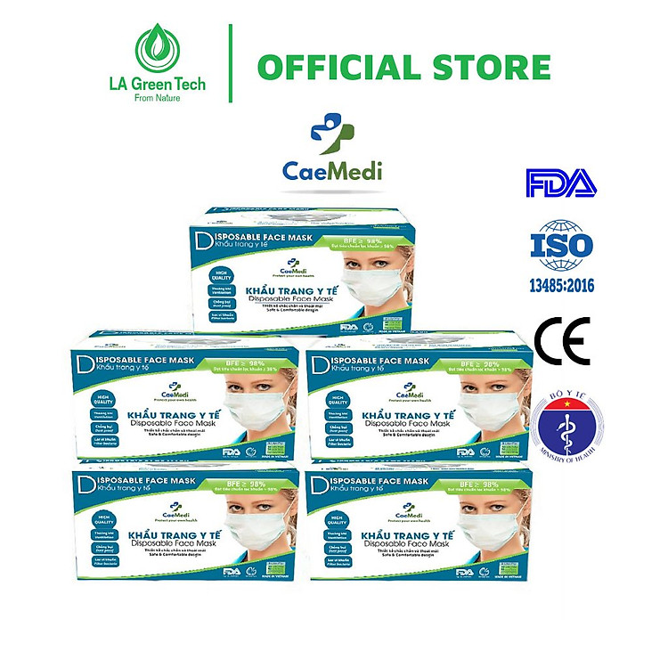 COMBO 5 HỘP Khẩu trang y tế CAEMEDI 3 lớp TRẮNG Cao cấp, kháng khuẩn, lọc bụi bẩn đạt chuẩn BFE, FDA xuất khẩu Hoa Kỳ - Hộp 50 cái