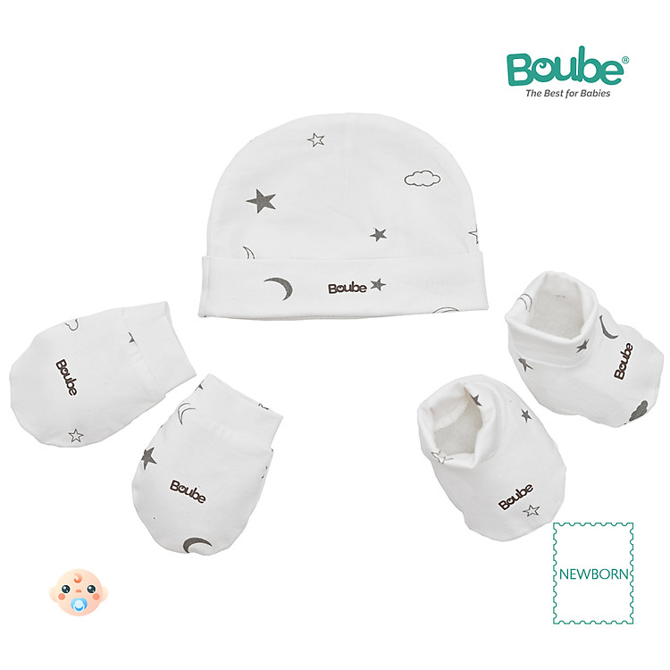 Set phụ kiện nón, bao tay, bao chân họa tiết trăng sao cho bé sơ sinh Boube, Vải Cotton Organic thoáng mát- Size Newborn