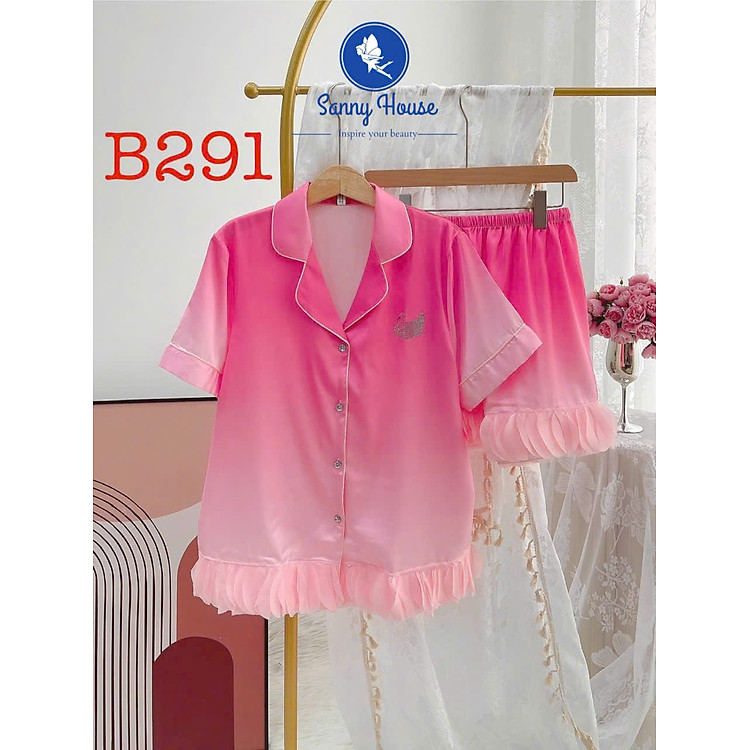 Bộ Đồ Ngủ B291 Lụa Quảng Châu Cao Cấp Đính Đá Thiên Nga Xinh Xắn