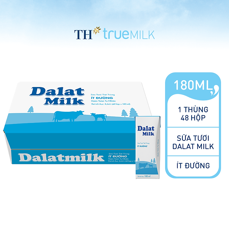 Thùng 48 hộp sữa tươi tiệt trùng Dalatmilk ít đường 180 ml (180 ml x 48)