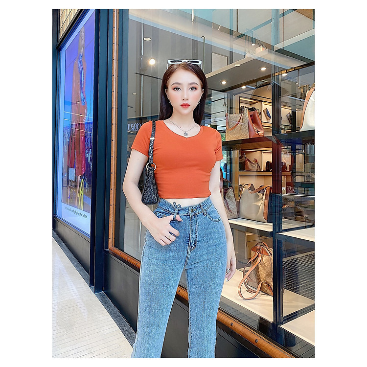 Áo thun nữ croptop cổ tim THỎ TÂY