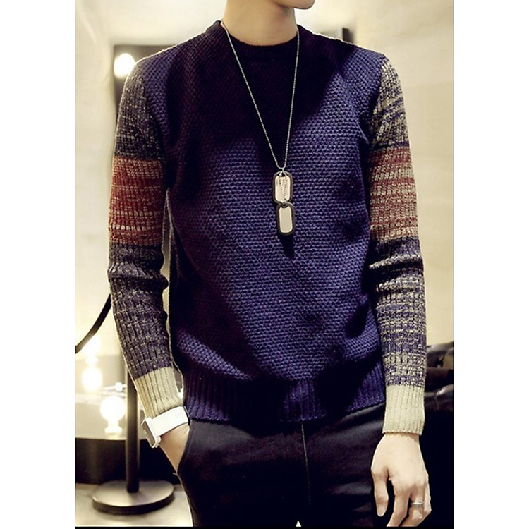 Áo len nam cổ tròn phối màu thời trang, thích hợp mùa đông, phong cách Hàn Quốc