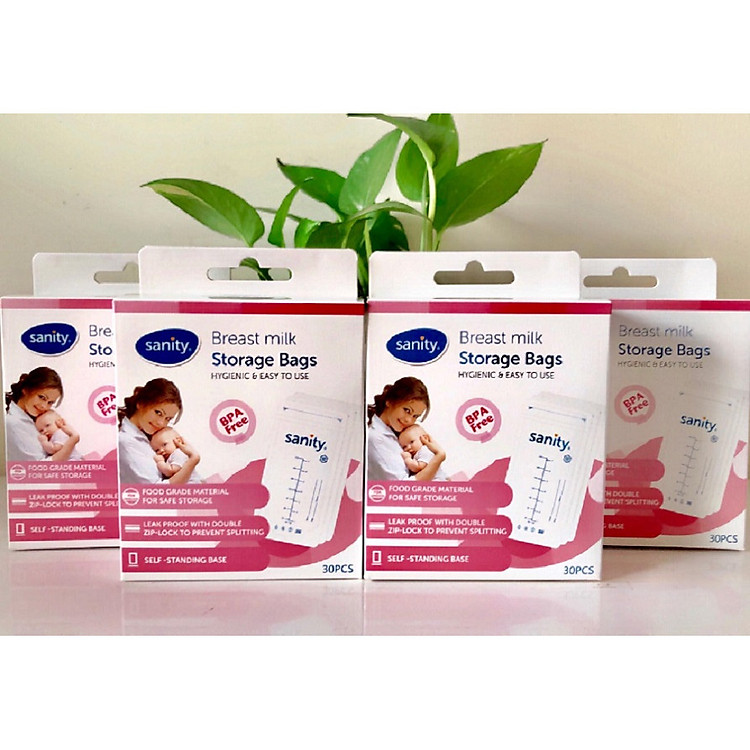 Combo 4 hộp túi trữ sữa Sanity, mỗi hộp 30 túi, thể tích 210ml/túi, túi có 2 khóa zipper, nhựa cao cấp không chứa BPA