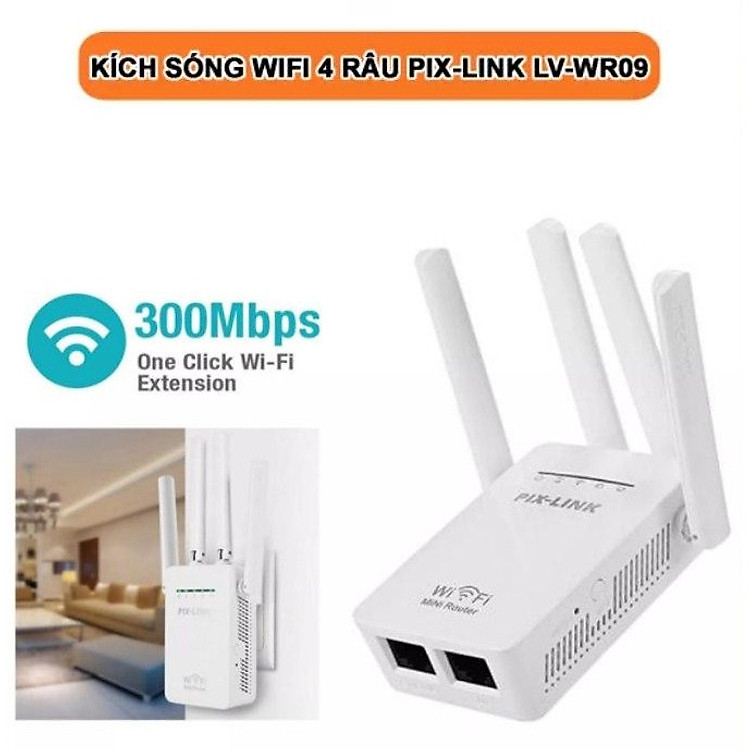 Kích sóng wifi tốc độ cao 4 râu 300M PIX LINK LV-WR09 thiết bị kích sóng phủ rộng giải pháp cho mạng yếu, kết nối đến 50M cực nhanh, cài đặt dễ dàng - Hàng chính hãng