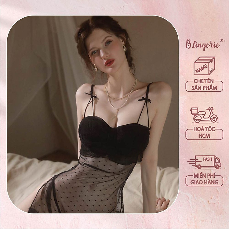 Váy Ngủ Chấm Bi Xẻ Tà - B.Lingerie
