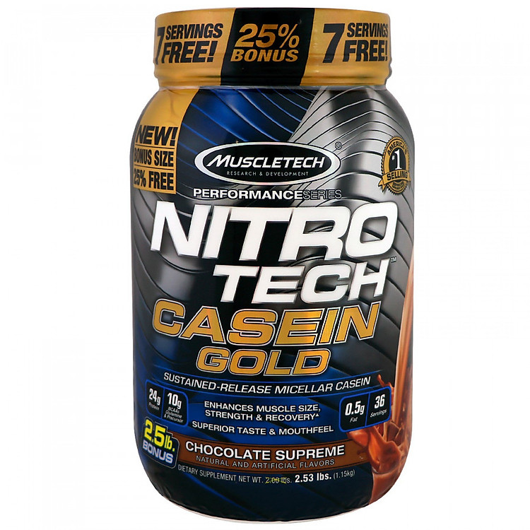 Sữa tăng cơ Nitro Tech Casein Gold - Hộp 2.53LBS (1.15KG) - Hàng chính hãng Muscletech USA