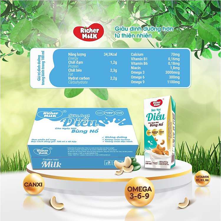 Thùng 48 Hộp Sữa Hạt Điều Không Đường RICHER MILK 180ml (180ml x 48)