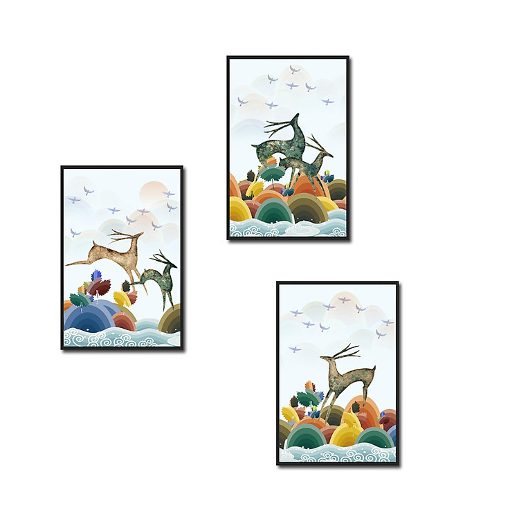 Decal dán tường bộ 3 khung tranh nai Tipo_033