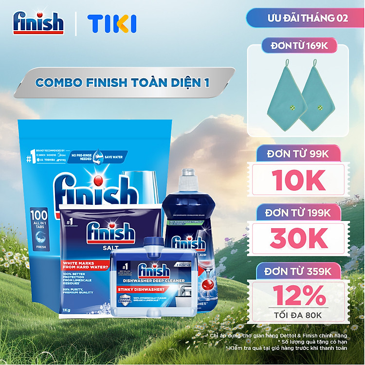 Combo Finish toàn diện 1: Everyday Shine & Clean + Nước Làm Bóng Finish 500ml + Muối Rửa Chén Finish Salt túi 1kg + Dung dịch vệ sinh máy