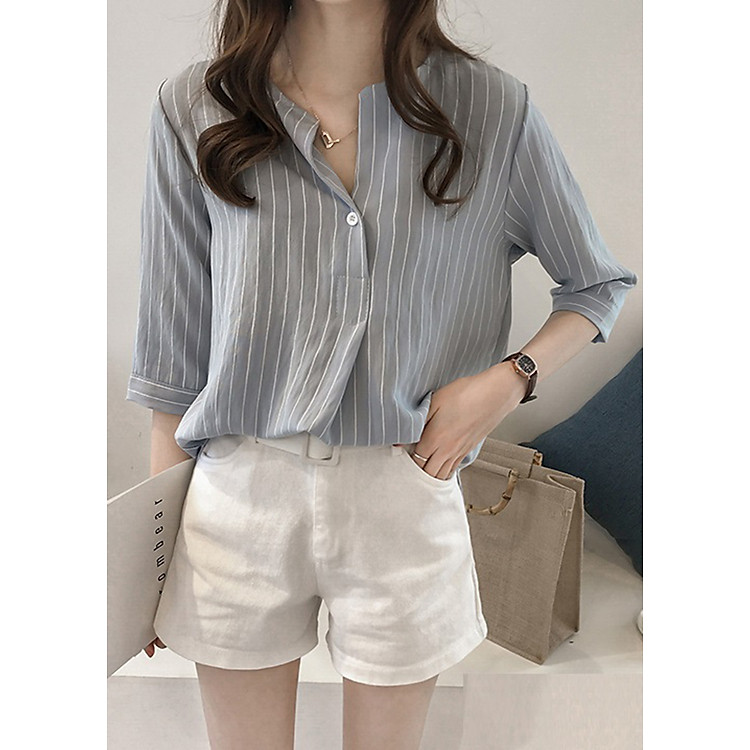 Áo sơ mi nữ kẻ sọc cổ tròn cúc ngực A-LAH08