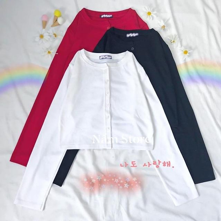 Áo croptop tay dài nút dáng ôm chất thun co dày dặn co dãn