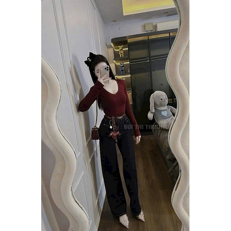 Áo thun dài tay nữ cổ tim có đệm vai HOT HIT