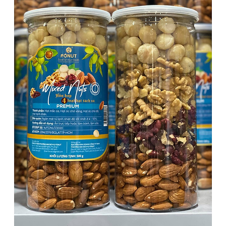 Mix 4 loại hạt tách vỏ Fonut hũ 500g hạt dinh dưỡng tốt cho mẹ bầu ăn vặt hay làm sữa hạt