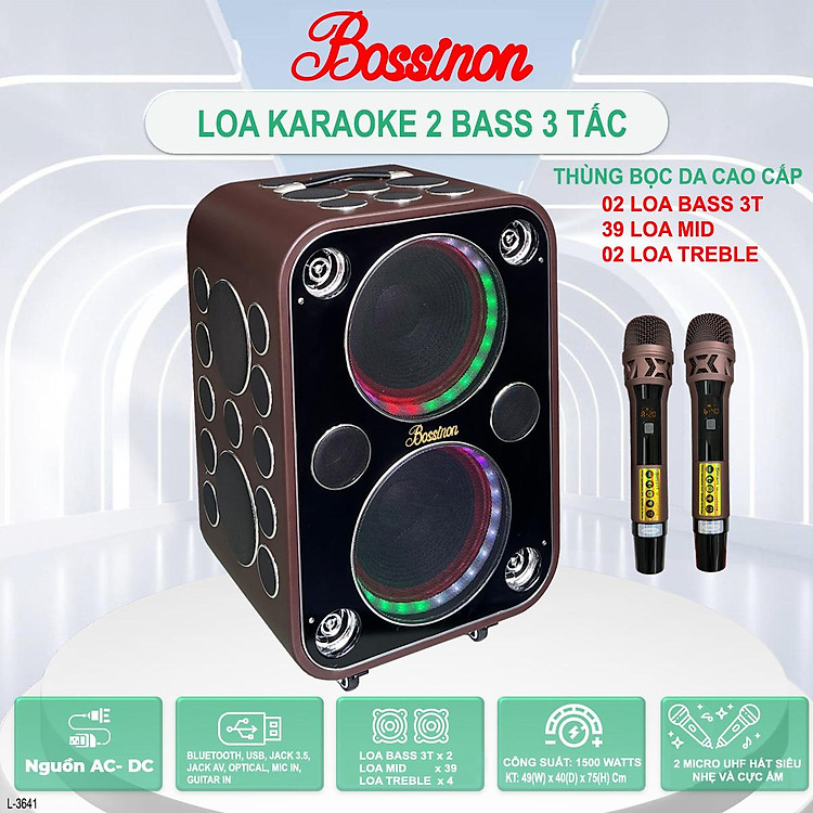 LOA KARAOKE BLUETOOTH HIỆU BOSSINON L-3641 CÔNG SUẤT KHỦNG 1500W - TẶNG KÈM 2 MICRO UHF HÁT SIÊU NHẸ - HÀNG CHÍNH HÃNG