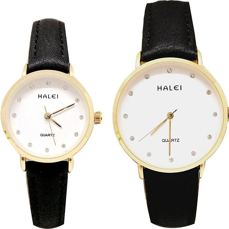 Cặp Đồng Hồ Nam Nữ Halei HL542 Dây da đen mặt trắng (Tặng pin Nhật sẵn trong đồng hồ + Móc Khóa gỗ Đồng hồ 888 y hình + Hộp chính hãng)