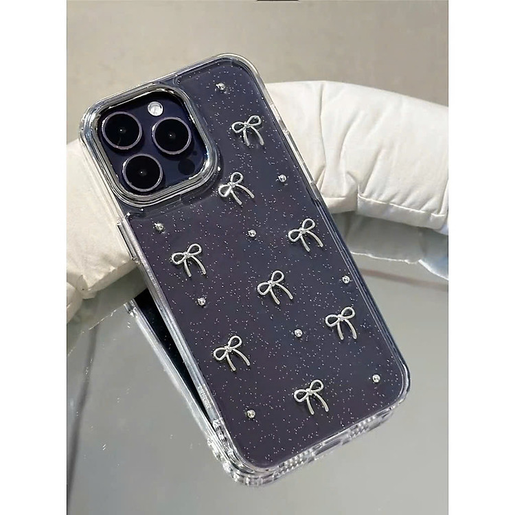 Ốp Lưng Trong Suốt Nhũ Kim Tuyến Họa Tiết Nơ Bạc Cho Iphone 14promax/15/15promax/16/16pro/16plus/16promax . Hàng Nhập Khẩu