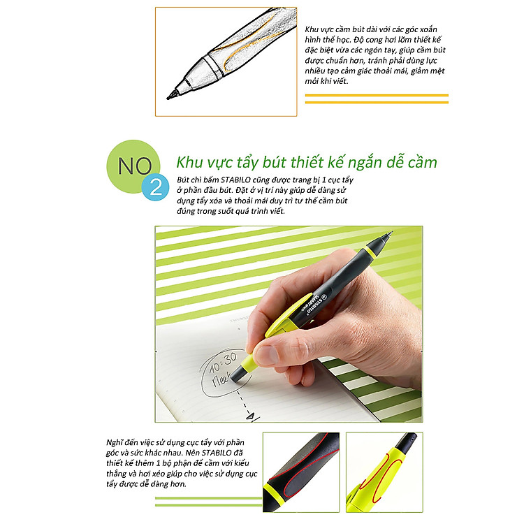 Bộ Bút Chì Bấm STABILO SMARTgraph 0.5mm (1 bút chì màu xanh + tuýp 12 ruột + gôm tẩy ER196E) - Ảnh 3