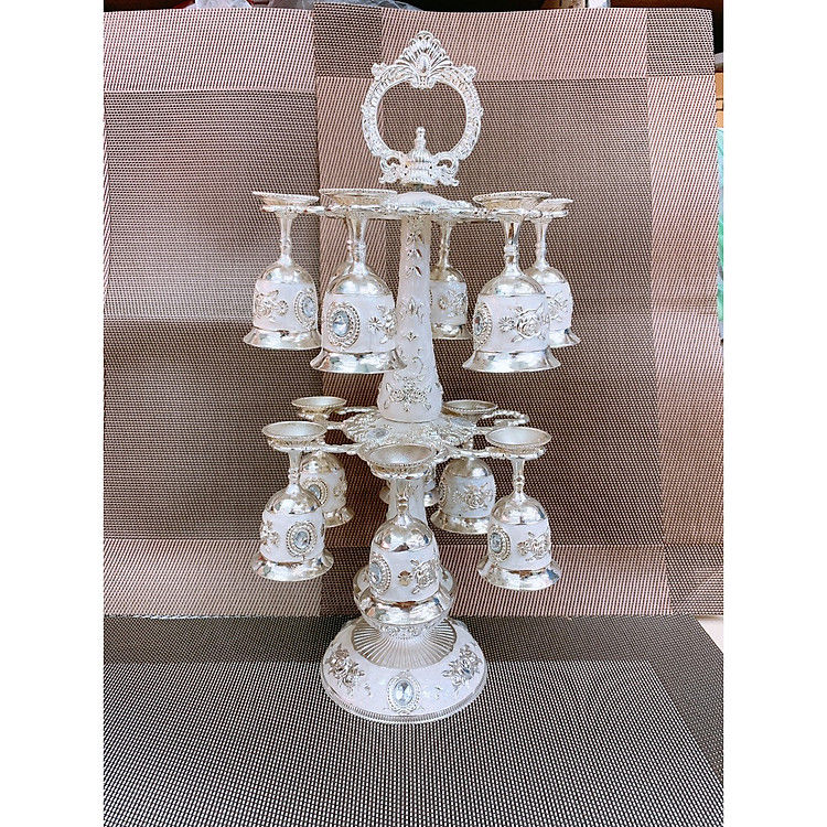 BỘ LY CỐC KÈM GIÁ TREO ĐỂ BÀN THỜ 2 TẦNG TRẮNG CHẤT KIỆU KIM LOẠI - ANTH263