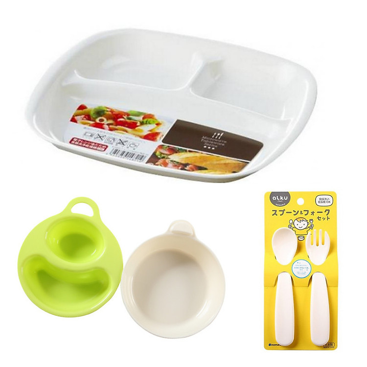 Combo đồ dùng ăn dặm cho bé (khay 3 ngăn + 2 bát + 1 bộ thìa nĩa)