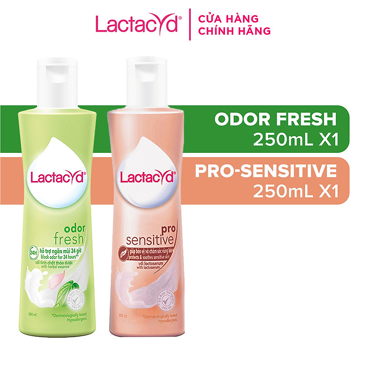 Bộ Dung Dịch Vệ Sinh Phụ Nữ Lactacyd Odor Fresh Ngăn Mùi 24H 250ml + Pro Sensitive Cho Da Nhạy Cảm 250ml