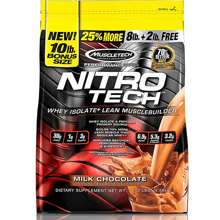 Sữa tăng cơ tăng sức mạnh Nitro Tech 10lbs (~4.54kg) – Bổ sung nguồn Protein chất lượng cao hỗ trợ phát triển cơ bắp to + dày, đồng thời bổ sung thêm Creatine giúp gia tăng sức bền hỗ trợ tập luyện - Hàng nhập khẩu chính hãng - Thương hiệu Muscletech - Kè