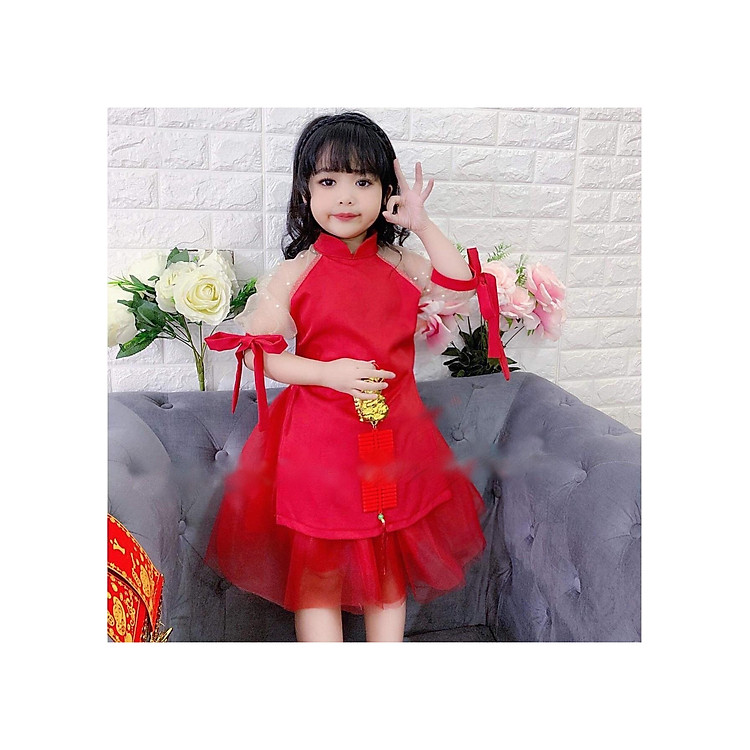 ÁO DÀI CÁCH TÂN ĐÍNH CƯỜM CHO BÉ GÁI- KÈM CHÂN VÁY LƯỚI SIÊU DỄ THƯƠNG