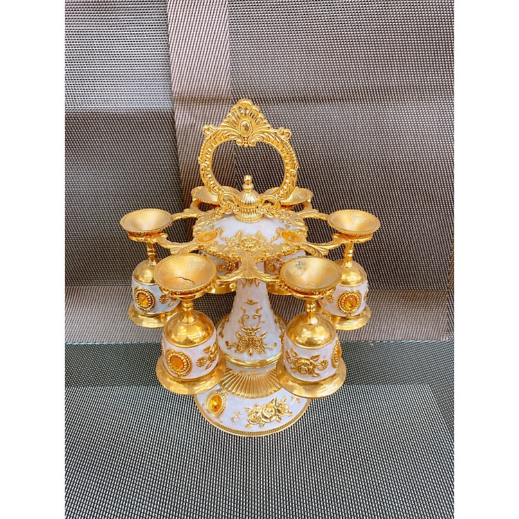 Bộ ly cốc để bàn thờ có giá treo 1 tầng mạ vàng chất liệ kim loại - -ANTH262