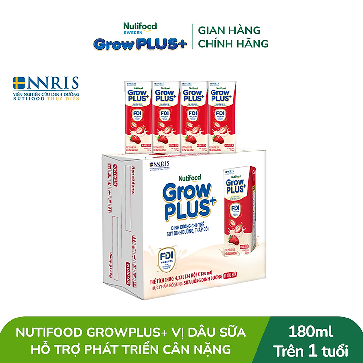 Thùng 24 hộp Sữa bột pha sẵn Nutifood GrowPLUS+ Vị Dâu Sữa hộp 180ml - Trên 1 tuổi (24 hộp x 180ml)