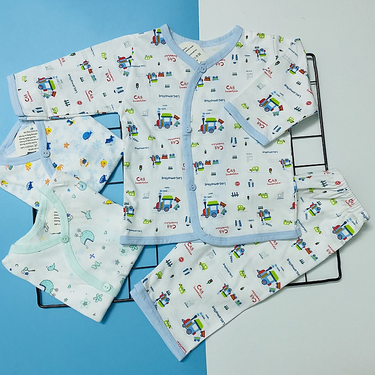 Combo 3 bộ áo quần sơ sinh tay dài cài nút xéo họa tiết JOU-TomTom Baby cho bé trai, bé gái - hàng Việt Nam chất lượng