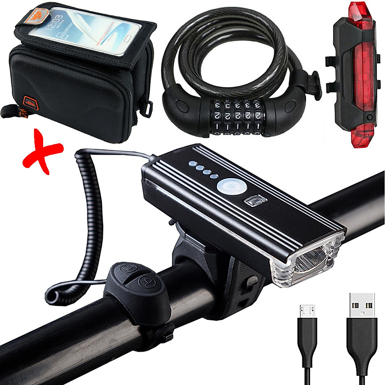 COMBO4 Bộ Phụ Kiện Xe Đạp Thể Thao | Túi Treo Khung CBR, Khóa Xe Đạp 5 Số | Đèn Pha Xe Đạp Kết Hợp Còi HJ062, Đèn Hậu Sạc USB