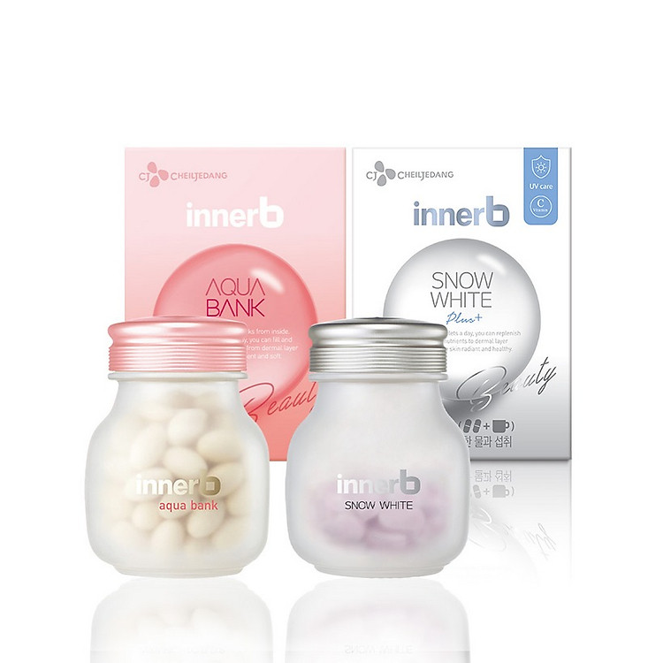 Bộ đôi thực phẩm bảo vệ sức khỏe InnerB Aqua Bank (giữ ẩm cho da từ Axit Hyaluronic) 56 viên và InnerB Snow White (28g)