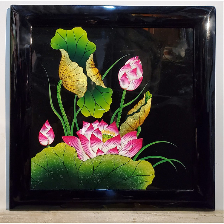TRANH SƠN MÀI ĐẮP NỔI THẾP VÀNG BẠC HOA SEN