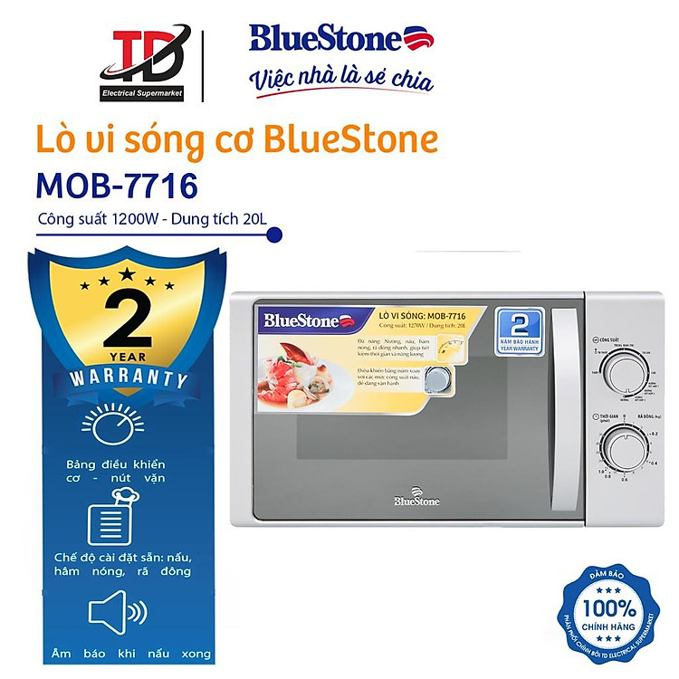 Lò vi sóng có nướng BlueStone MOB-7716 20 lít , Công Suất 1270W , Hàng chính hãng