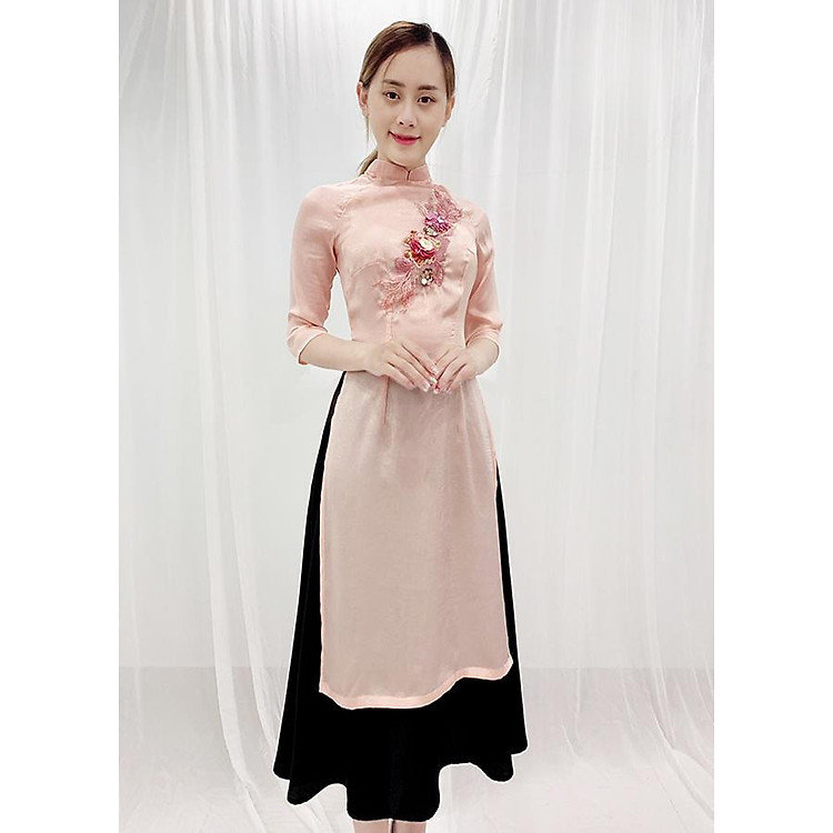 Set Áo Dài Cách Tân Kiểu Áo Dài Đính Hoa Nổi Màu Hồng Kèm Chân Váy ROMI 3152