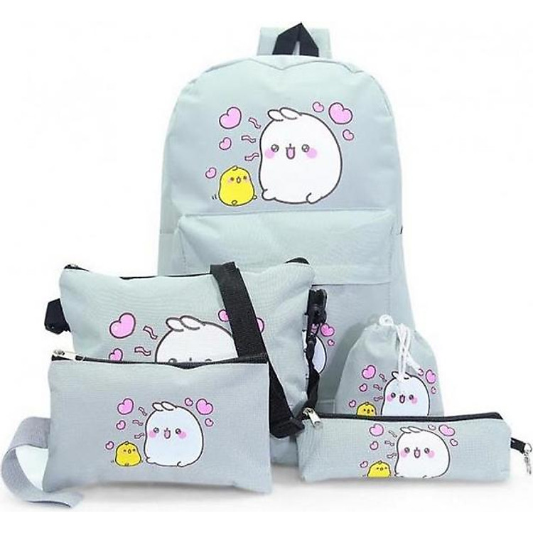Bộ 5 món gồm balo đi học + túi đeo chéo nữ + ví nữ + hộp bút + ví rút (Xám)