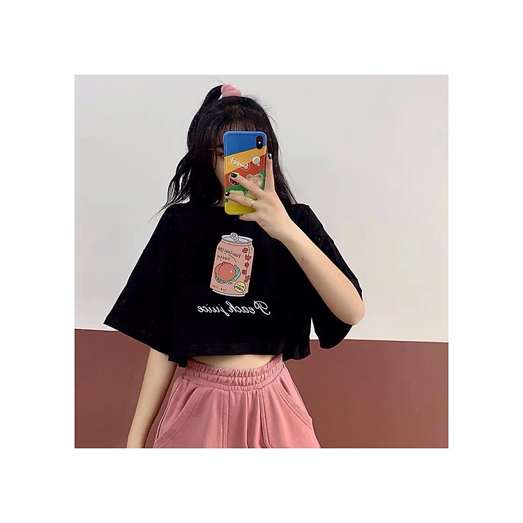 Áo croptop form rộng in họa tiết lon nước cực đáng yêu