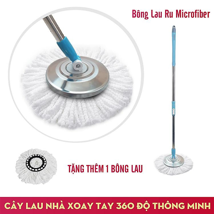 Cây Lau Nhà Xoay Tay 360 Độ Nắp Inox Fujishi Mop 360 - Xanh Dương + Tặng 01 Bông Lau - Hàng Chính Hãng