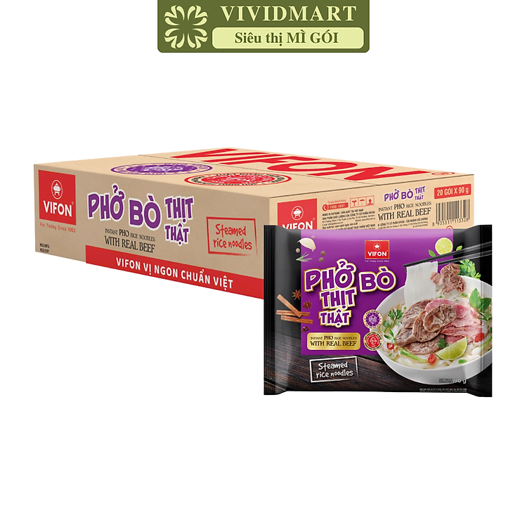 VIFON - Phở Vifon thịt thật hương vị Bò, Vifon Phở bò thịt thật Vifon, Phở thịt thật Vifon ăn liền (90g/gói)
