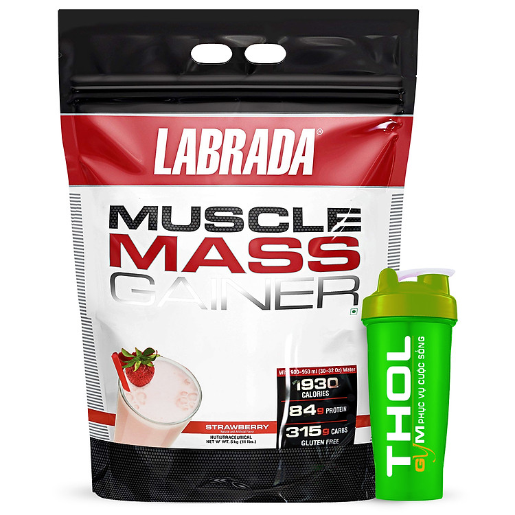 Thực phẩm Hỗ trợ Tăng cân - Tăng Cơ Muscle Mass Gainer 5.443 Kg của Labrada + Tặng kèm Bình lắc (Màu ngẫu nhiên) 600ml