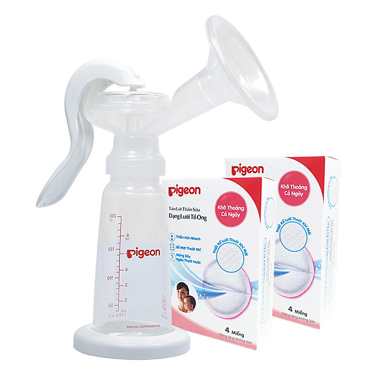 Combo Pigeon: Máy Hút Sữa Tay Cổ Hẹp + 2 Hộp Tấm Lót Thấm Sữa (4 Miếng/Hộp)