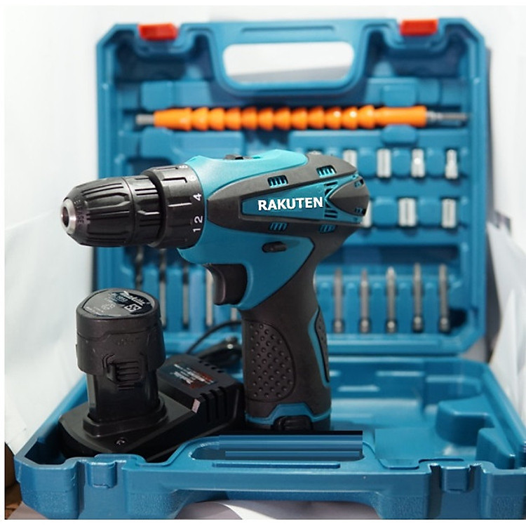Bộ máy khoan pin RAKUTEN 12V khoan sắt, khoan gỗ máy 2 pin, đảo chiều và mũi khoan