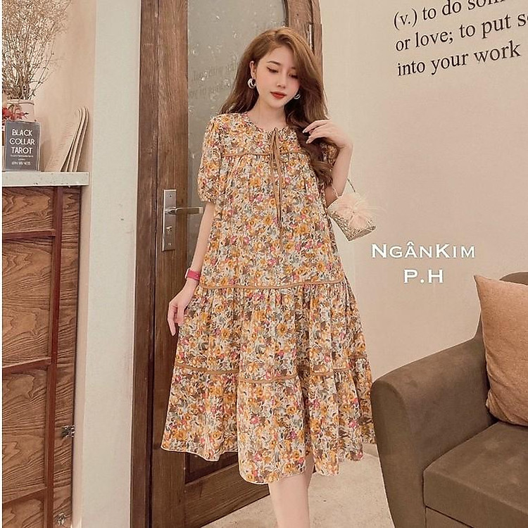 Váy bầu thiết kế dáng babydoll BellaĐầm bầu họa tiết nữ mùa hè | 2 Màu free size cho mẹ bầu từ 43-70 kg